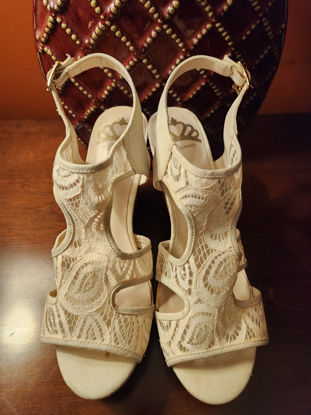 Fergalicious Cream Lace Slingback Cutout Heels